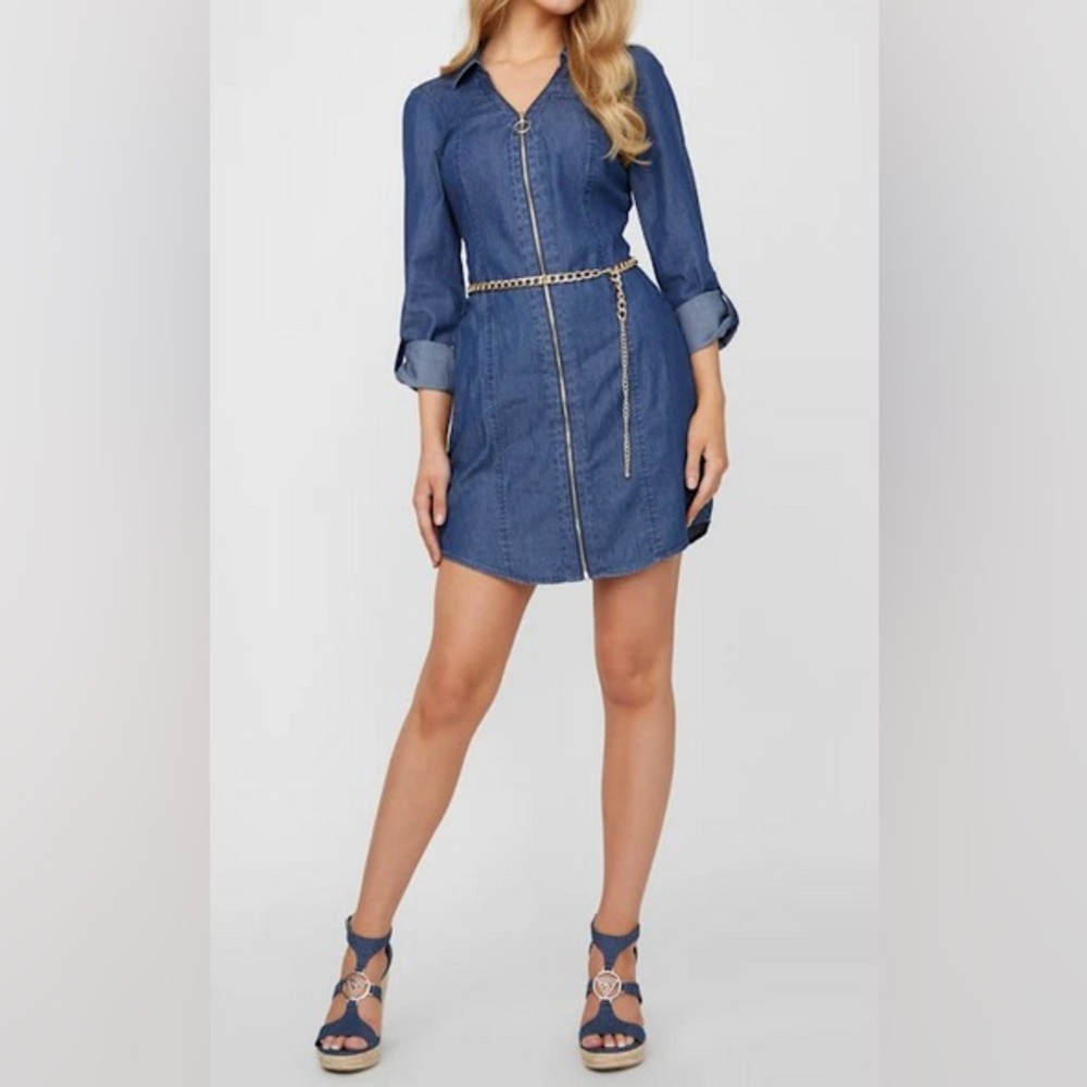 Guess Abelina Chambray Zip-Up Dress w Gold Belt and Zippers NWT Size Small